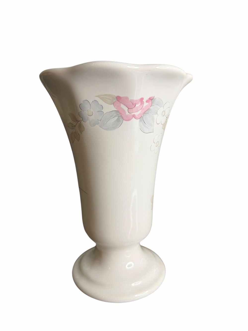 Pfaltzgraff USA Wyndham Floral Stonewear Vase Pink Blue Flowers Scalloped Rim 7”